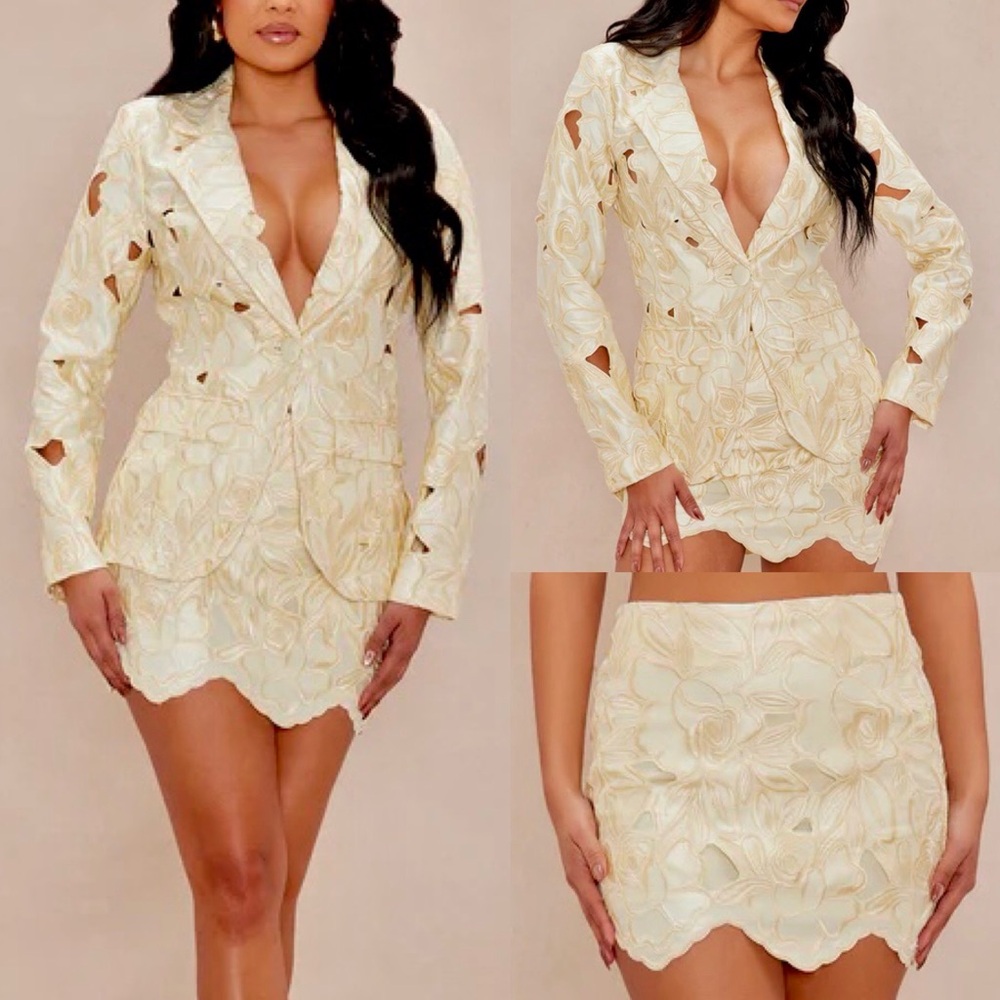 2 piece SET Butter yellow floral lace blazer & mini skirt matching coord set